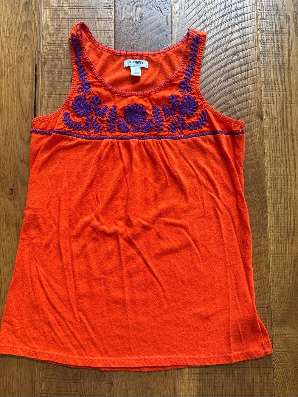 Old Navy Orange Tank with Purple Floral Embroidery